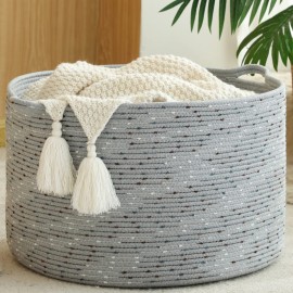 KAKAMAY Large Blanket Basket (20x13),Woven Baskets for storage Baby Laundry Hamper, Cotton Rope Blanket Basket for Living Room, Laundry, Nursery, Pillows, Grey with Blue & Brown Dotted