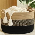 KAKAMAY Large Blanket Basket (20x13),Woven Rope Baskets for storage Baby Laundry Hamper, Cotton Rope Blanket Basket for Living Room, Laundry, Nursery, Pillows,Baby Toy chest (Jute/Black)