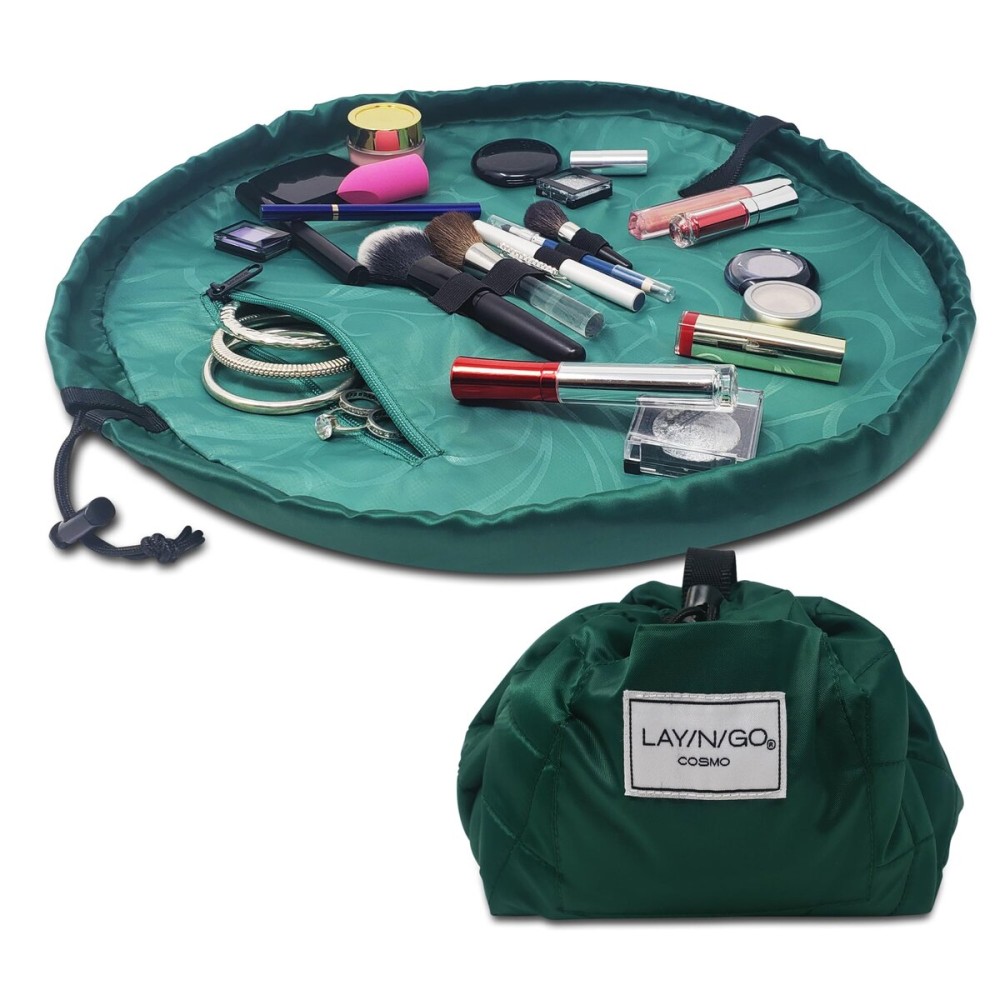 Lay-n-Go Cosmo Lay Flat Drawstring Cosmetic & Makeup Bag Organizer - Zipper Pocket, Brush Loops & More - Durable, Machine Washable Toiletry Carrier for Travel, Cinch Closure, Gift (20, Evergreen)