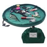 Lay-n-Go Cosmo Lay Flat Drawstring Cosmetic & Makeup Bag Organizer - Zipper Pocket, Brush Loops & More - Durable, Machine Washable Toiletry Carrier for Travel, Cinch Closure, Gift (20, Evergreen)