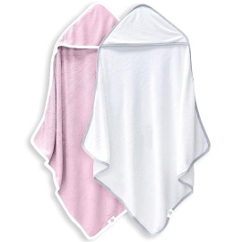 BAMBOO QUEEN 2 Pack Baby Bath Towel - Rayon Made from Bamboo, Ultra Absorbent - Ultra Soft Hooded Towels for Kids - X Large Size for 0-7 Yrs (White and Pink, 37.5 x 37.5 Inch)