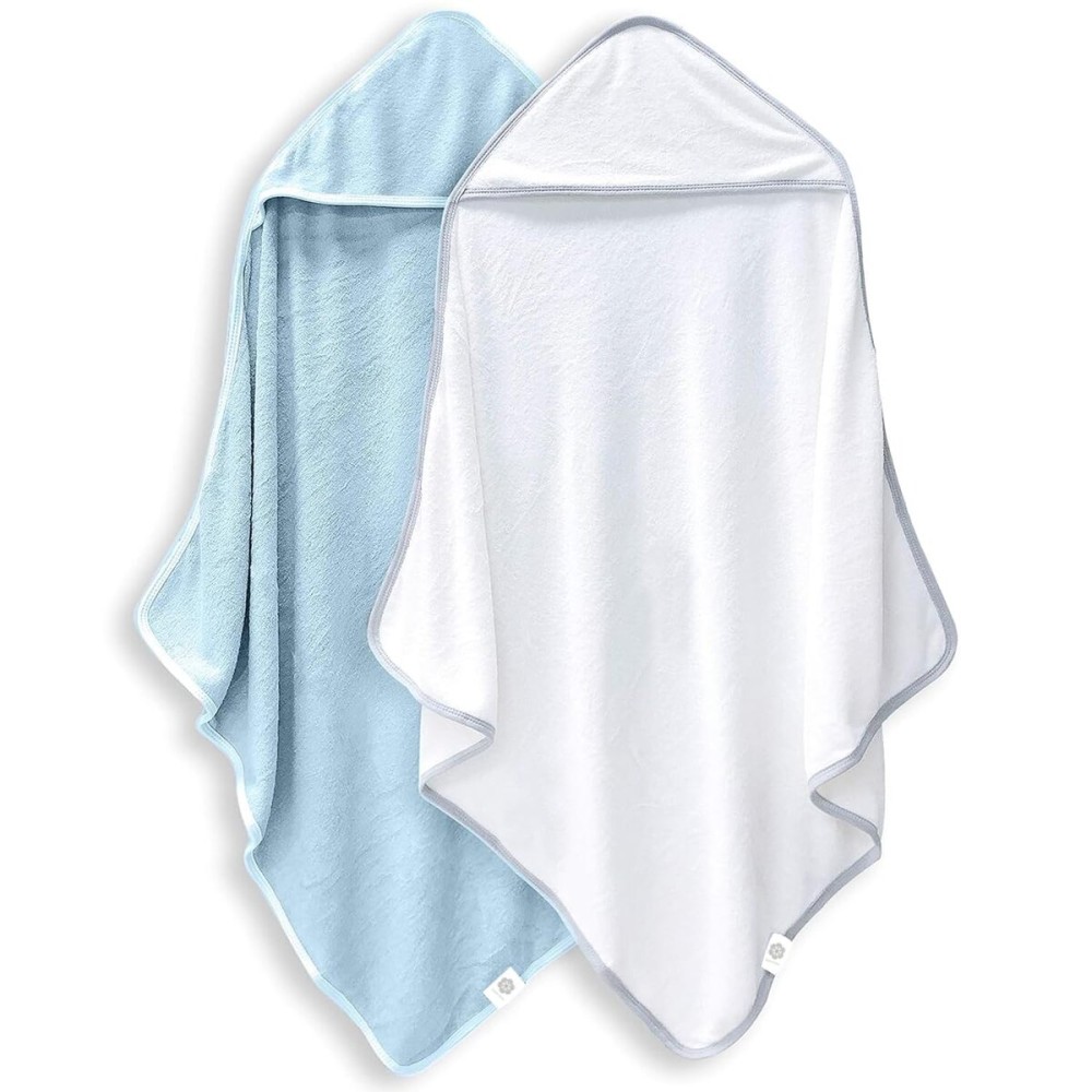 BAMBOO QUEEN 2 Pack Baby Bath Towel - Rayon Made from Bamboo, Ultra Absorbent - Ultra Soft Hooded Towels for Kids - X Large Size for 0-7 Yrs (White and Blue, 37.5 x 37.5 Inch)