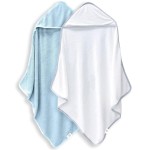 BAMBOO QUEEN 2 Pack Baby Bath Towel - Rayon Made from Bamboo, Ultra Absorbent - Ultra Soft Hooded Towels for Kids - X Large Size for 0-7 Yrs (White and Blue, 37.5 x 37.5 Inch)