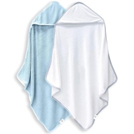 BAMBOO QUEEN 2 Pack Baby Bath Towel - Rayon Made from Bamboo, Ultra Absorbent - Ultra Soft Hooded Towels for Kids - X Large Size for 0-7 Yrs (White and Blue, 37.5 x 37.5 Inch)