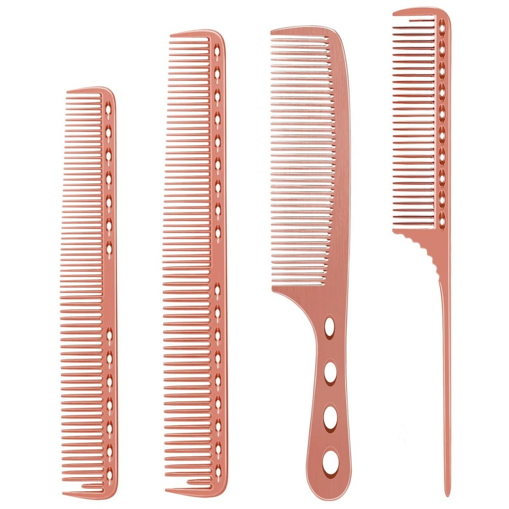 Professional Barber Aluminum Comb Set for Dressing, Cutting Hair, and Styling: Long/Short Hair Combs, Handle, and Tail Comb (Rose Gold)