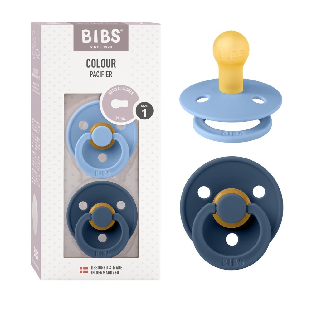 BIBS Colour Baby Pacifier 2-Pack | Made in Denmark | BPA Free Dummy Soother, Round Nipple. Natural Rubber Latex, Size 2 (6-18 Months), Sky Blue/Steel Blue