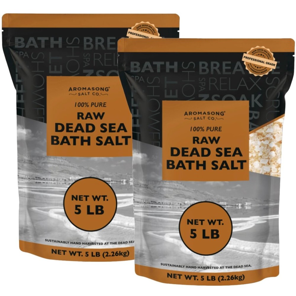 Aromasong Raw Dead Sea Salt for Soaking - Minimal Cleaned Bath Salt Soak - 10 Lbs (2 x 5 lb. Bags) Bulk Resealable Pack - Leaves Your Skin Softer Then Epsom Salt