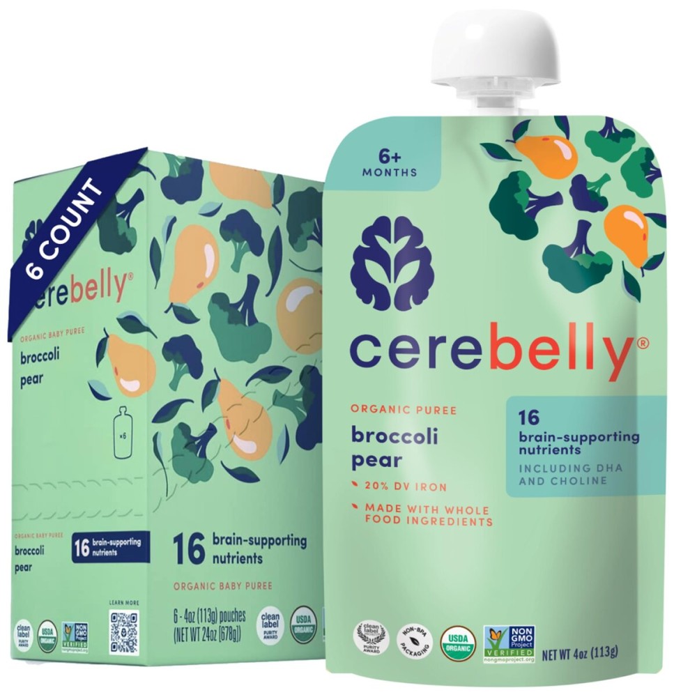 Cerebelly Organic Baby Food Pouches, Broccoli Pear Purees, 16 Nutrients, No Added Sugar, Fiber & Non-GMO, 4oz, 6 Pack