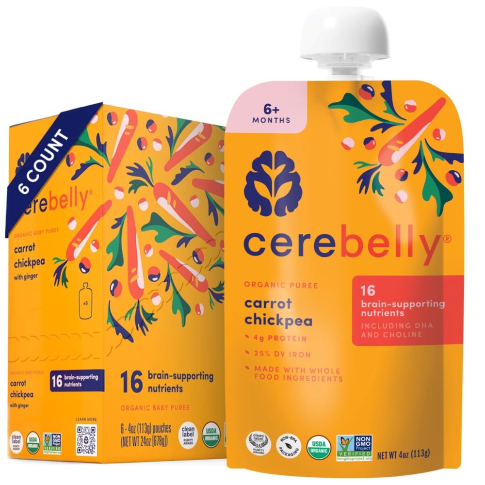 Cerebelly Organic Baby Food Pouches, Carrot Chickpea Purees, 16 Nutrients, No Added Sugar, Fiber & Non-GMO, 4oz, 6 Pack