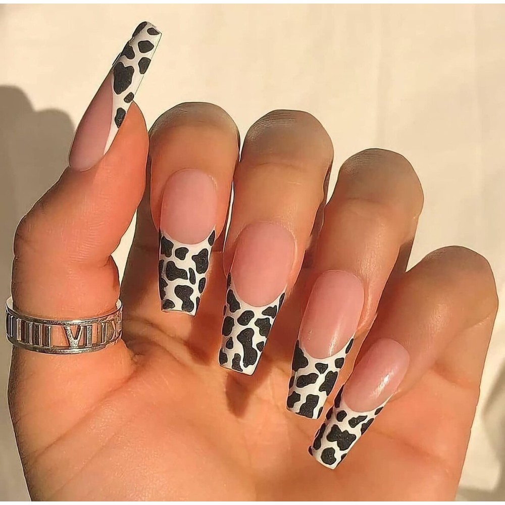 MISUD Press on Nails - Long Coffin Fake Nails with Cow Print, Acrylic French Tip Design 24 pcs