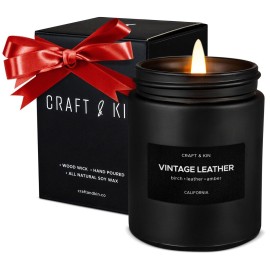 Craft & Kin Premium Vintage Leather Candle | Black Christmas Scented Candles for Men | Long Lasting with 45 Hour Burn Time, 7.6oz | Soy Holiday Candles | Aromatherapy at Home | Gifts for Men