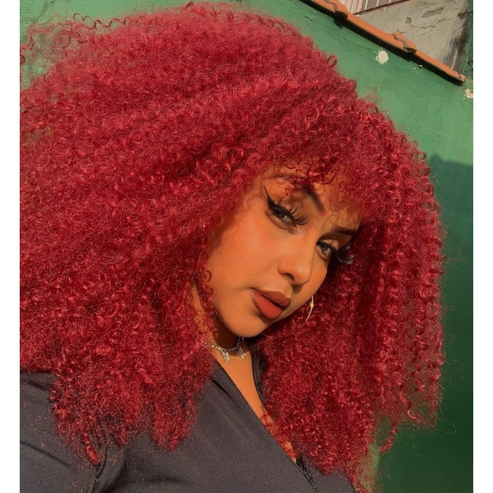 ANNISOUL Curly Wigs for Black Women Afro Bomb Curly Wig with Bangs Synthetic Fiber Glueless Long Kinky Curly Hair Red 16inch