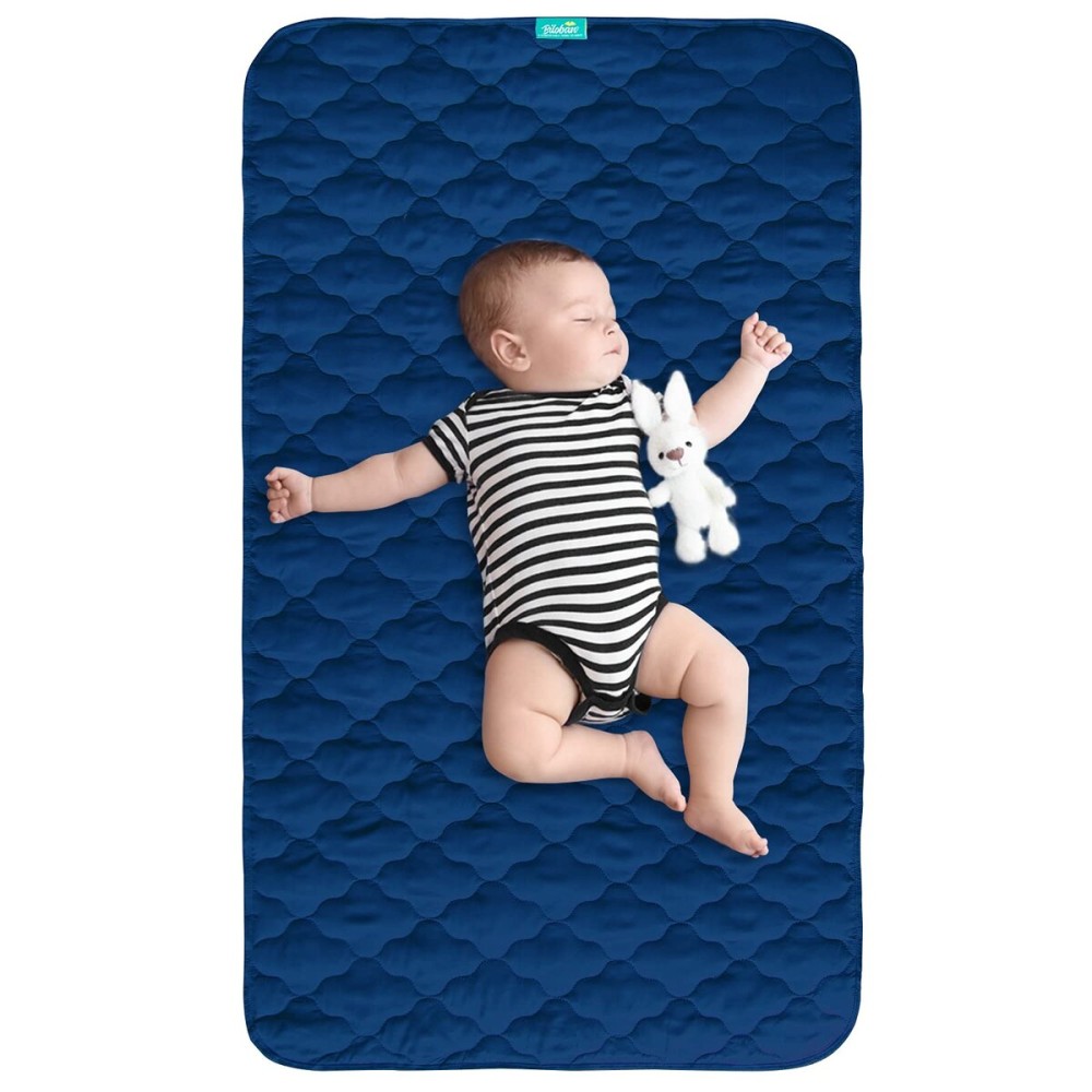 Waterproof Crib Mattress Protector Pad Cover 28 x 52, Anti Slip & Absorbent Waterproof Bed Pads for Standard Crib/Toddler Bed Quilted Machine Washable (Quilted Improved Thickness) Navy