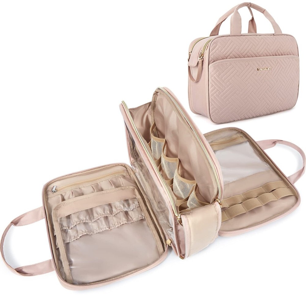 BAGSMART Travel Makeup Bag - Water-resistant Cosmetic Organizer for Full Sized Toiletries, Shampoo, and Accessories (Pink, Large)