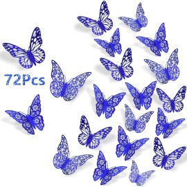 3D Butterfly Wall Decals, 72Pcs 3 Sizes 3 Styles, Removable Srickers Wall Deccor Room Mural for Party Cake Decoration Metallic Fridge Sticker Kids Bedroom Nursery Classroom Wedding Decor DIY Gift (Blu