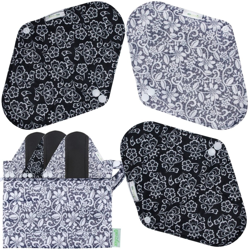 wegreeco Charcoal Reusable Menstrual Pads - Reusable Sanitary Pads | Reusable Panty Liners | Soft Cloth Menstrual Pads - 6 Pack with 1 Cloth Wet Bag (Black, Grey Lace, Small)