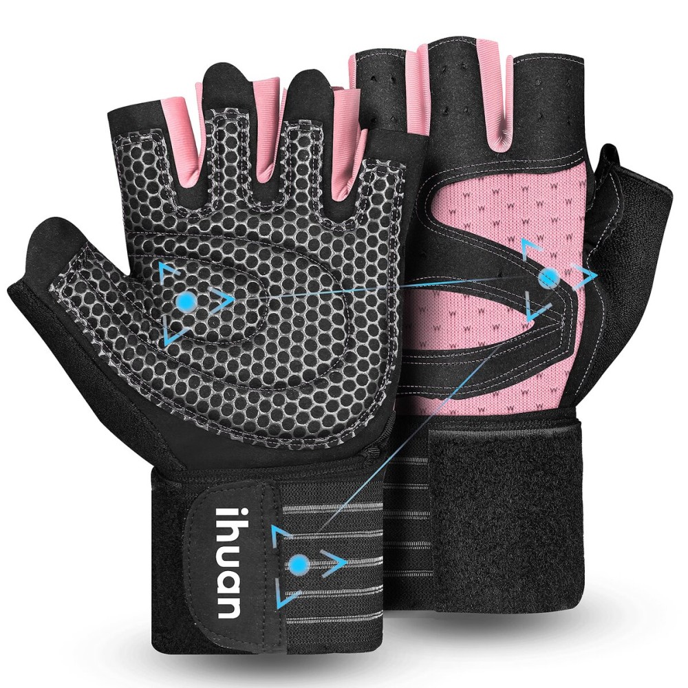 ihuan Ventilated Weight Lifting Gym Workout Gloves with Wrist Wrap Support for Men & Women, Full Palm Protection, for Weightlifting, Training, Climbing Fitness, Hanging, Pull ups