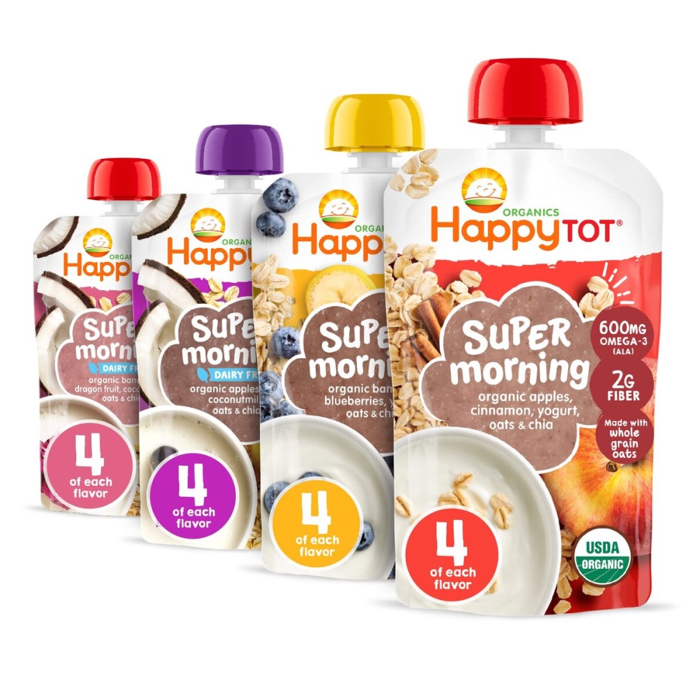 HAPPYTOT Organics Stage 4 Baby Food Pouches, Gluten Free, Super Morning Fruit & Oat Variety Pack Blend 4 Oz (Pack of 16), Amazon Exclusive