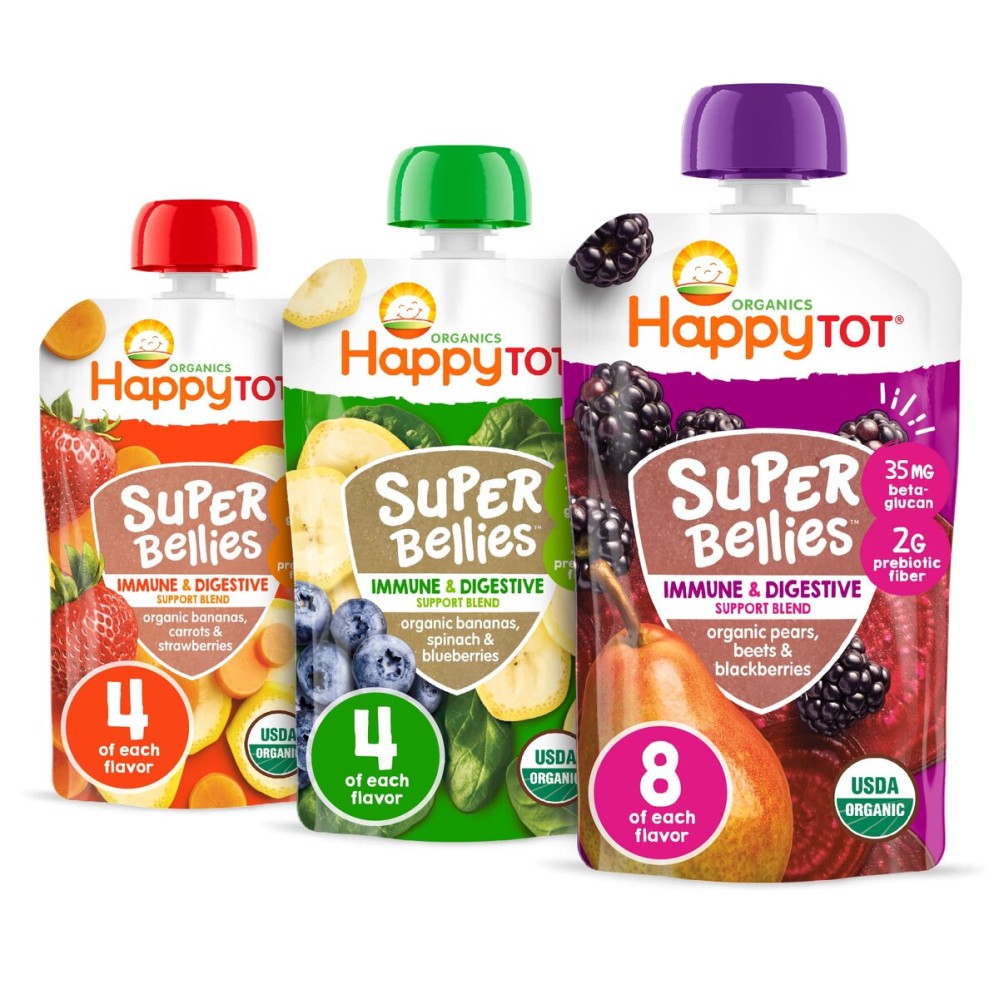 HAPPYTOT Organics Stage 4 Baby Food Pouches, Gluten Free, Vegan Snack, Super Bellies, Fruit & Veggie Puree, Variety Pack, 4 Ounce (Pack of 16), Amazon Exclusive