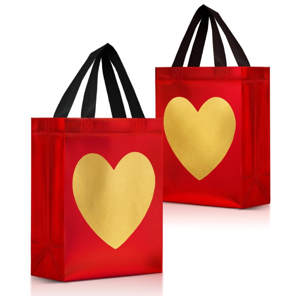 Nush Nush Gold Heart in Red Gift Bags Medium Size - Set of 12 Reusable Heart Gift Bag with Handles - Ideal Goodie Bag for Anniversary, Engagement, Wedding, Birthday, Valentines Day - 8x4x10