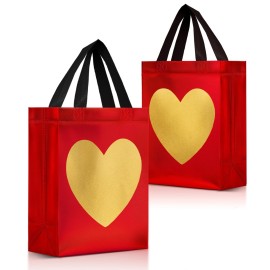 Nush Nush Gold Heart in Red Gift Bags Medium Size - Set of 12 Reusable Heart Gift Bag with Handles - Ideal Goodie Bag for Anniversary, Engagement, Wedding, Birthday, Valentines Day - 8x4x10