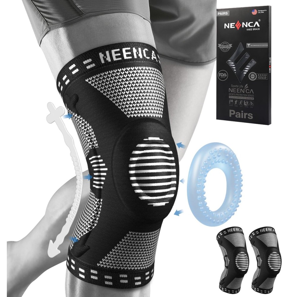 NEENCA 2 Pack Knee Braces for Knee Pain, Compression Knee Sleeves with Patella Gel Pad & Side Stabilizers, Knee Support for Meniscus Tear, Arthritis, Joint Pain, ACL, Runner, Workout- FSA/HSA APPROVED