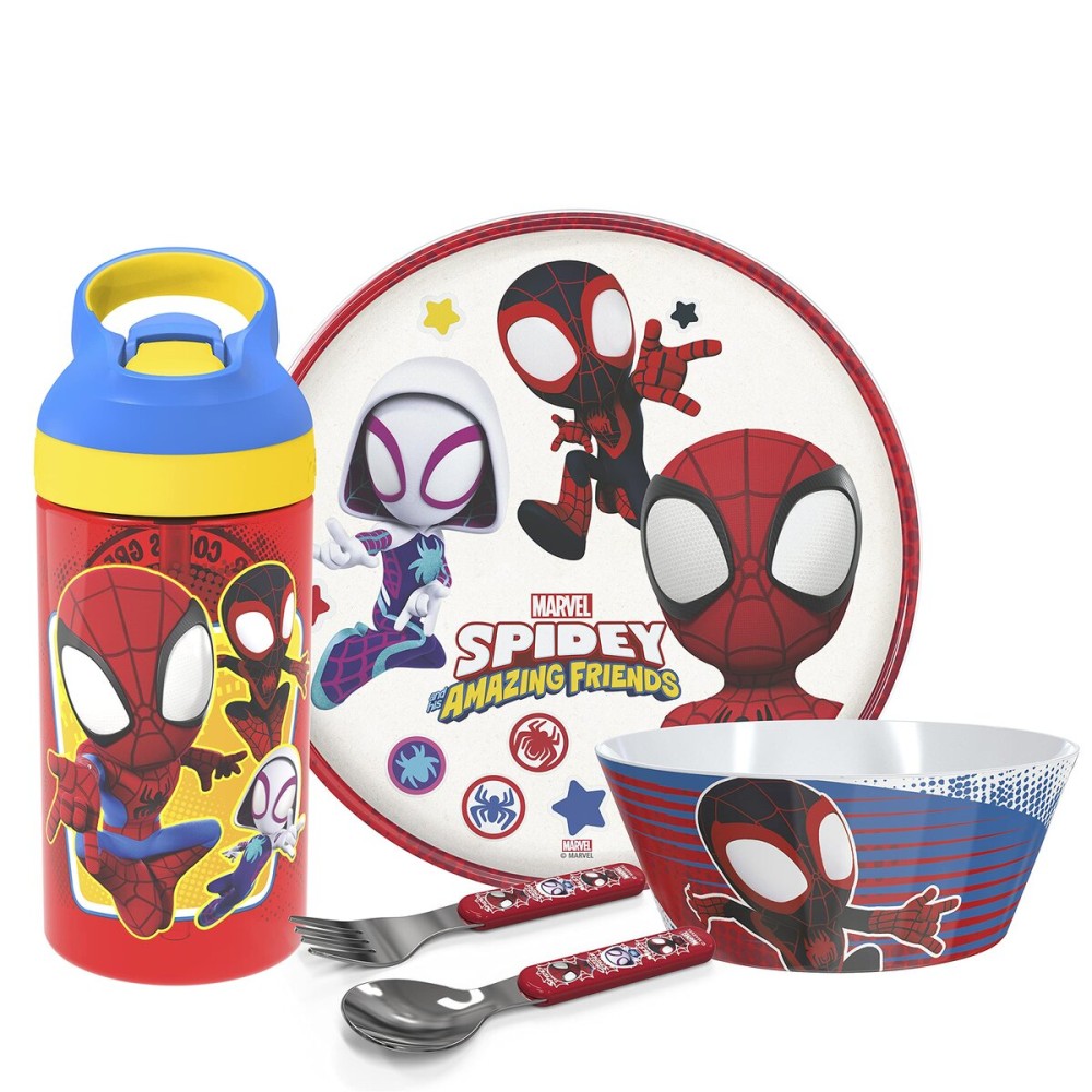 Zak Designs 5-Piece Dinnerware Set, Marvel Spidey and His Amazing Friends - Durable Plastic & Stainless Steel - Includes Water Bottle, Plate, Bowl, Fork & Spoon - Suitable for Kids Ages 3+