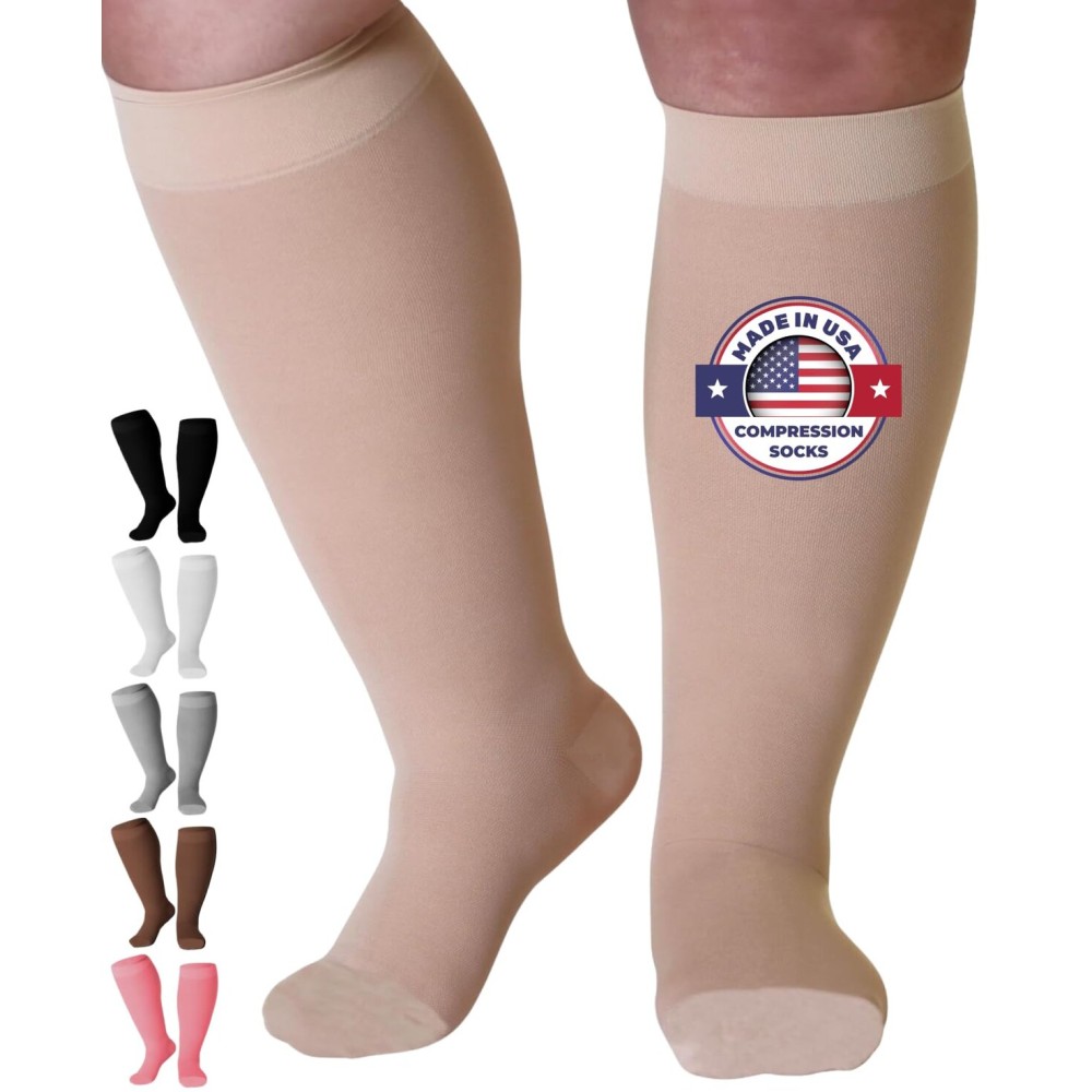 Compression Socks for Women and Men 20-30mmHg Plus Size - Big and Tall Knee High Compression Stockings for Bariatric, Varicose Veins, Swelling - Beige, 7X-Large - AB201