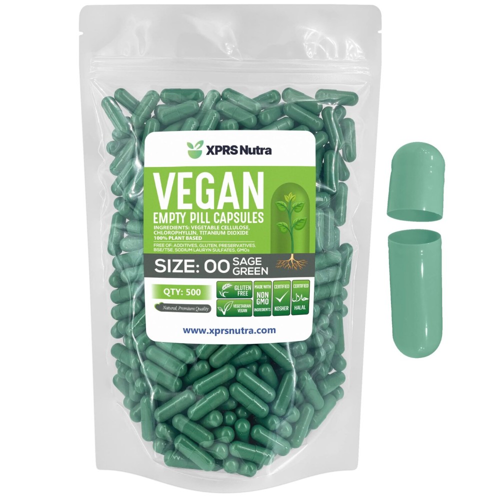 XPRS Nutra Size 00 Empty Capsules - 500 Count Empty Vegan Capsules - Vegetarian Empty Pills - DIY Vegetable Capsule Filling- Veggie Pill Caps (Sage Green)