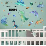 Yovkky Boys Space Dinosaurs Astronauts Wall Decal, Funny Peel Stick Dino Animal Planet Stickers Nursery Spaceship Rocket Decor, Home Baby Room Decorations Kids Bedroom Playroom Art Party Supply Gift