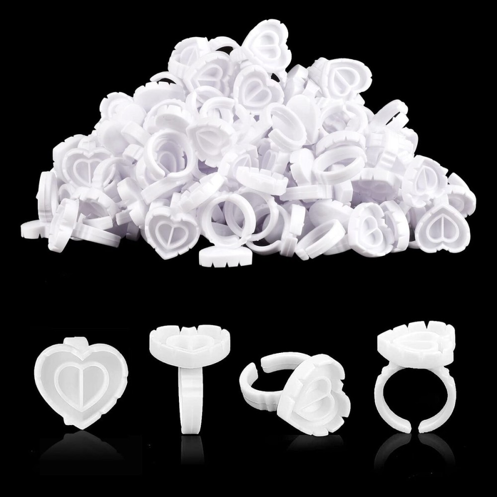 NXJ INFILILA Glue Rings for Eyelash Extensions 100PCS Disposable Rings For Lashes Lovely Heart Shape, Makeup Plastic Nail Art Glue Cups Lash Extension Supplies for Eyelash Extensions White