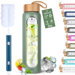 Aqulea Glass Water Bottles 32 Oz with Silicone Sleeve - BPA Free Reusable Wide Mouth Glass Motivational Water Bottles with Fruit Infuser - Leak Proof Borosilicate Water Bottle with Time Marker (Green)