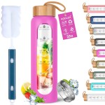 Aqulea Glass Water Bottles 32 Oz with Silicone Sleeve - BPA Free Reusable Wide Mouth Glass Motivational Water Bottles with Fruit Infuser - Leak Proof Borosilicate Water Bottle with Time Marker (Rose)