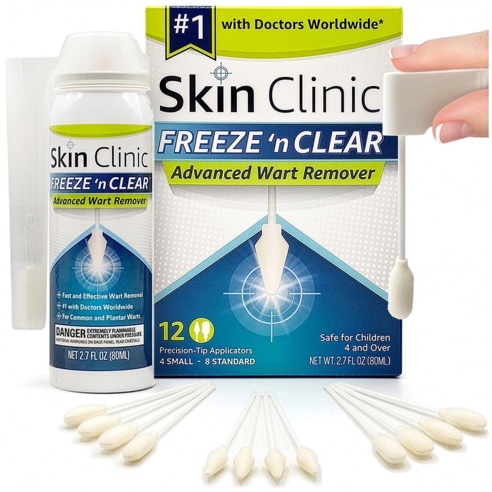 Skin Clinic Freeze \'n Clear Advanced Wart Remover - USA Made Cryo-Freeze Kit with 12 Precision-Tip Applicators - FDA-Cleared Freezing Wart Treatment Solution for Adults & Kids 4+