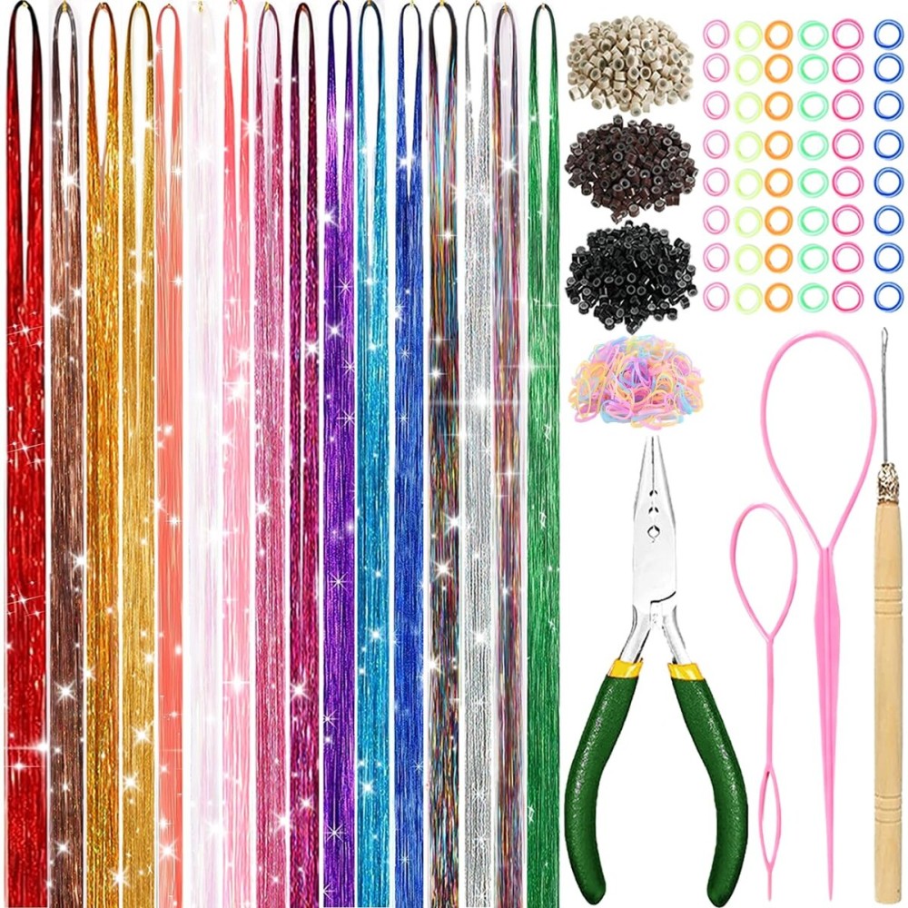 Hair Tinsel Kit With Tool 6800 strands 16 Colors Fairy Hair Tinsel, Sparkling Shiny Hair Tinsel Heat Resistant Highlights Glitter Tinsel Hair Extensions (48 Inch)