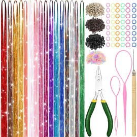 Hair Tinsel Kit With Tool 6800 strands 16 Colors Fairy Hair Tinsel, Sparkling Shiny Hair Tinsel Heat Resistant Highlights Glitter Tinsel Hair Extensions (48 Inch)