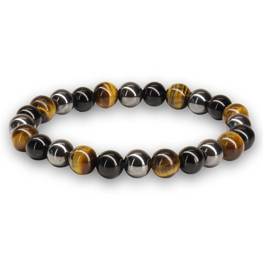 Crystal Vibe Triple Protection Bracelet - 8mm Beaded Bracelet for Women Men - Natural Stones of Tiger Eye, Hematite, Black Obsidian - Healing Crystal Bracelet for Anxiety Relief - Adjustable Size