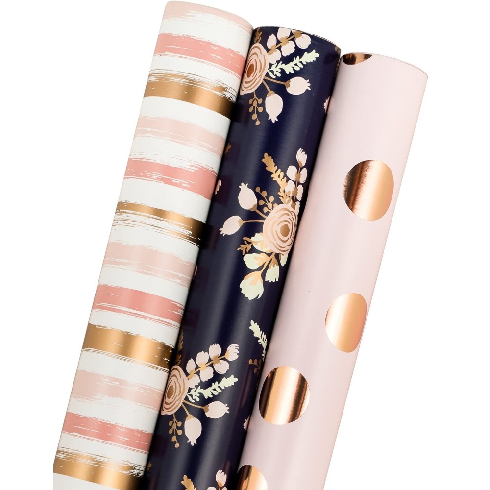 MAYPLUSS Wrapping Paper Roll - Mini Roll - 17 in X 120 in Per roll - Rose Gold Polkas Dots, Pink Foil Stripeand, Black Gold Foil Floral Design for Valentine\'s Day, Mother\'s Day, Girl Party