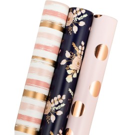 MAYPLUSS Wrapping Paper Roll - Mini Roll - 17 in X 120 in Per roll - Rose Gold Polkas Dots, Pink Foil Stripeand, Black Gold Foil Floral Design for Valentine\'s Day, Mother\'s Day, Girl Party