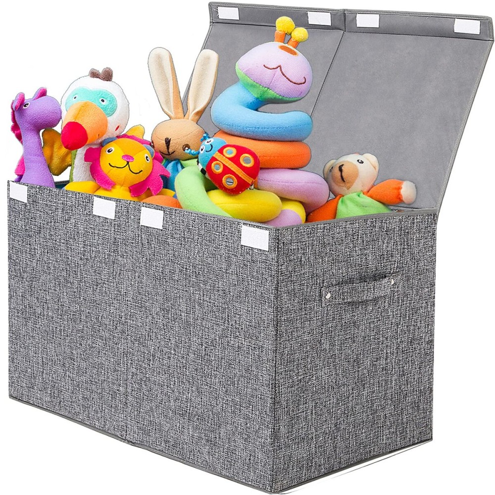 popoly Large Toy Box Chest with Lid, Collapsible Sturdy Toy Storage Organizer Boxes Bins Baskets for Kids, Boys, Girls, Nursery, Playroom, 25x13 x16 (Linen Gray)