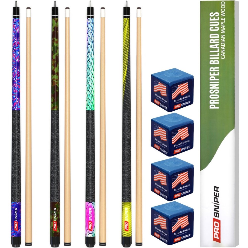 Premium Pool Sticks Set of 4 | 58-Inch, 19-Oz Canadian Maple Pool Cue with Low-Deflection Shaft & 4 Extra Chalks | Pro-Grade Billiard Cue for Home & Bar Play
