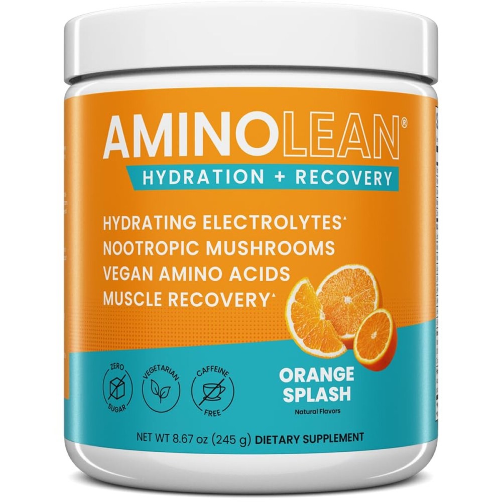 AminoLean Hydrating Electrolyte Powder and Recovery Drink with Sea Minerals, Nootropic Mushrooms, and Vegan Amino Acids, BCAAs + EAAs for Post Workout Muscle Building, Orange Splash
