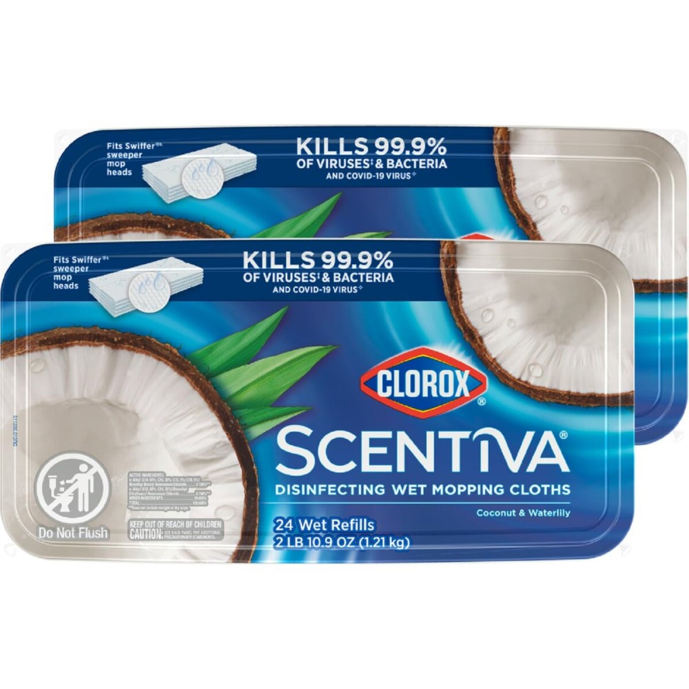 Clorox Scentiva Disinfecting Wet Mop Pad, Disposable Mop Heads, Coconut and Waterlily, 2 Packs, 24 Wet Refills Per Pack (Package May Vary)