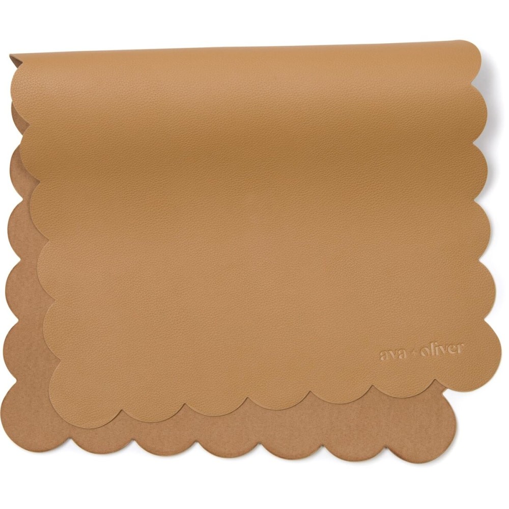 Ava + Oliver Vegan Leather Baby Changing Mat (16 X 30 in) - Multipurpose Wipeable and Portable Diaper Mat - Foldable for Travel (Tan Scallop)
