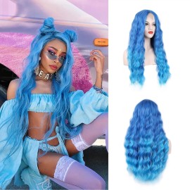 WECAN Blue Wig Long Natural Wavy Wig Synthetic Water Wave Blue Wig Halloween Cosplay Daily Party Heat-Resistant Fiber Wig