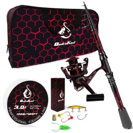 QudraKast Fishing Rod and Reel Combos - High Carbon Fiber Telescopic Fishing Pole and 12+1 Full Metal Ultra Smooth Spinning Reel with X-Warping Pattern Design 2.1M (Not Include Fishing Accessories)