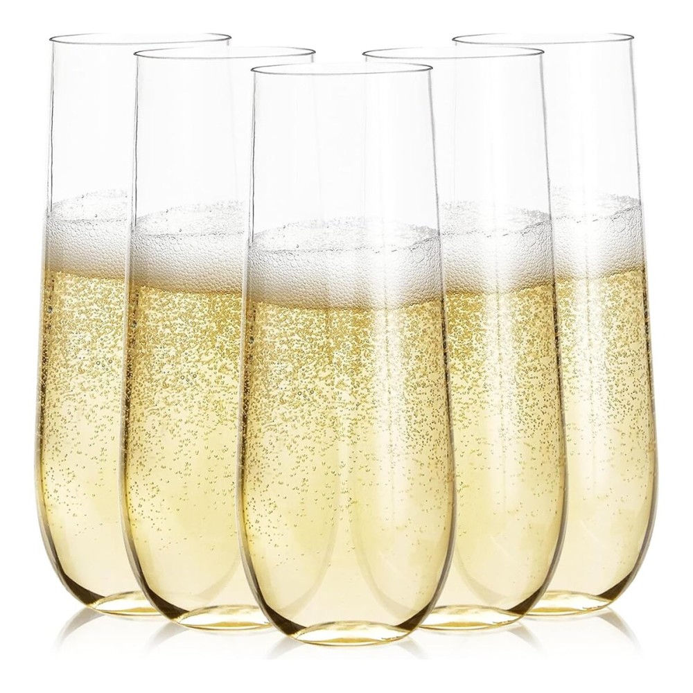 Prestee 24 Plastic Champagne Flutes - 9oz Heavy Duty Stemless Champagne Glasses for Parties - Disposable Clear Plastic Toasting Glasses, Mimosa Glass for New Years Eve Party Supplies