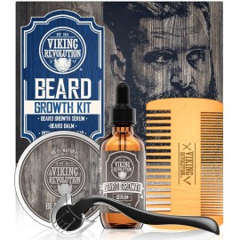 Beard Growth Kit - Oil, Balm, Serum, Derma Roller & Wooden Comb for Beard & Mustache Growth
