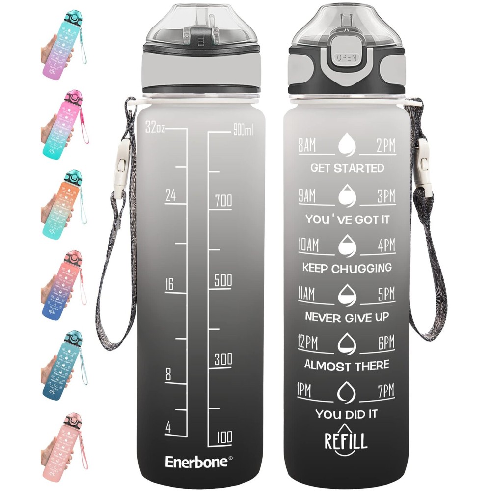 Enerbone 32 oz Drinking Water Bottle with Times to Drink and Straw, Motivational with Carrying Strap, Leakproof BPA & Toxic Free, Ensure You Drink Enough Water for Fitness Gym Outdoor
