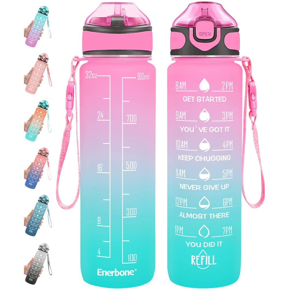 Enerbone 32 oz Drinking Water Bottle with Times to Drink and Straw, Motivational with Carrying Strap, Leakproof BPA & Toxic Free, Ensure You Drink Enough Water for Fitness Gym Outdoor